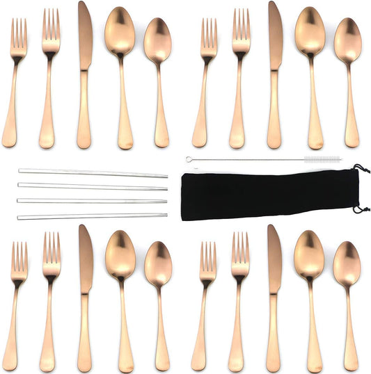 JASHII Modern Royal 20 Pcs Matte Rose Gold 18/10 Stainless Steel Utensils Cutlery Dinnerware Set w/ 4 Pcs Straw, Knife Fork and Spoon Flatware Set for Wedding Festival Christmas Party Service for 4