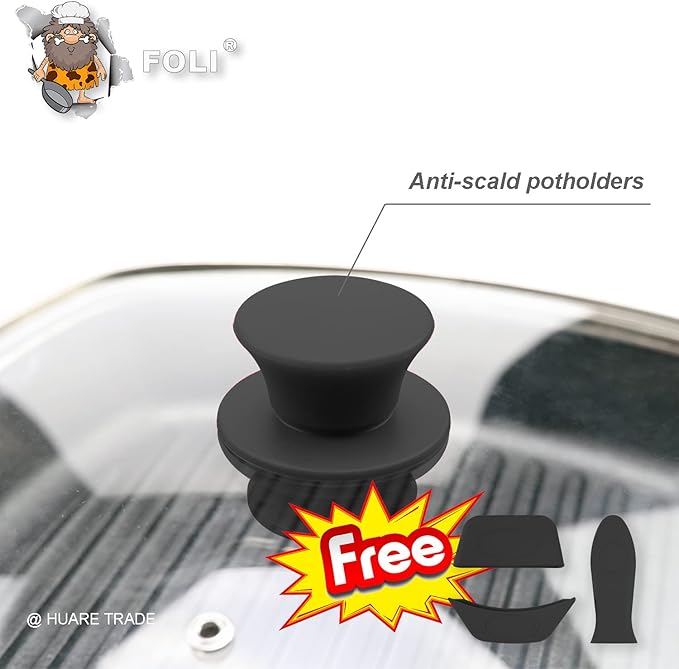 FOLI Square Glass Lid for Grill Pans with Steam Vent Hole - Fits Lodge Cast Iron Skillets 10.5inch/26.67cm Silicone Potholder- Square Tempered Glass Lid - Universal Replacement Cover Silicone Knob