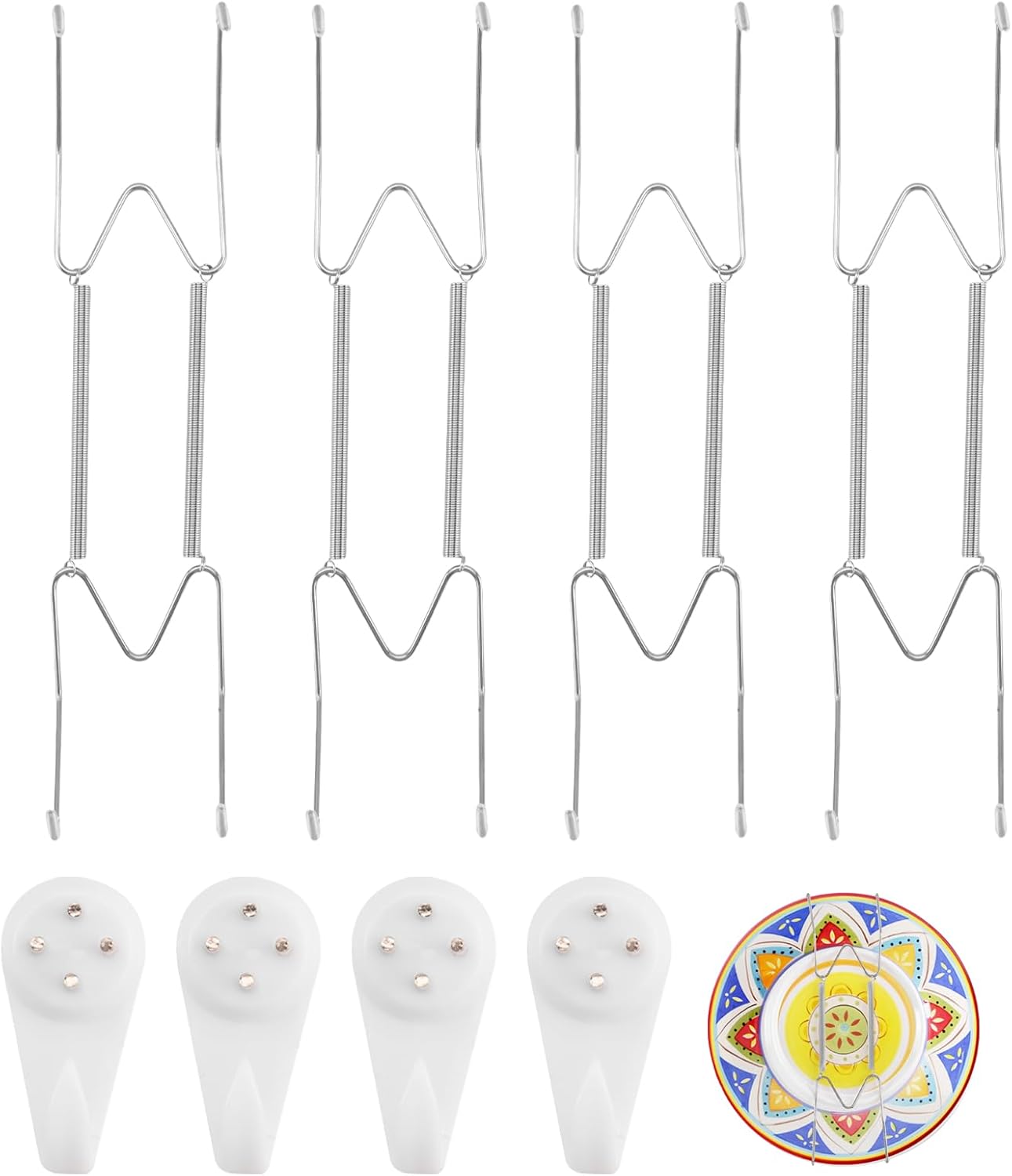 4 Pack Plate Hangers for The Wall Suitable for 10-14 inch Small Decorative Plate, Invisible Stainless Steel Plate Hangers for Display with Wall Hooks, for Plates/Platter/Dish/Picture(Silver)