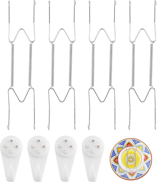 4 Pack Plate Hangers for The Wall Suitable for 10-14 inch Small Decorative Plate, Invisible Stainless Steel Plate Hangers for Display with Wall Hooks, for Plates/Platter/Dish/Picture(Silver)