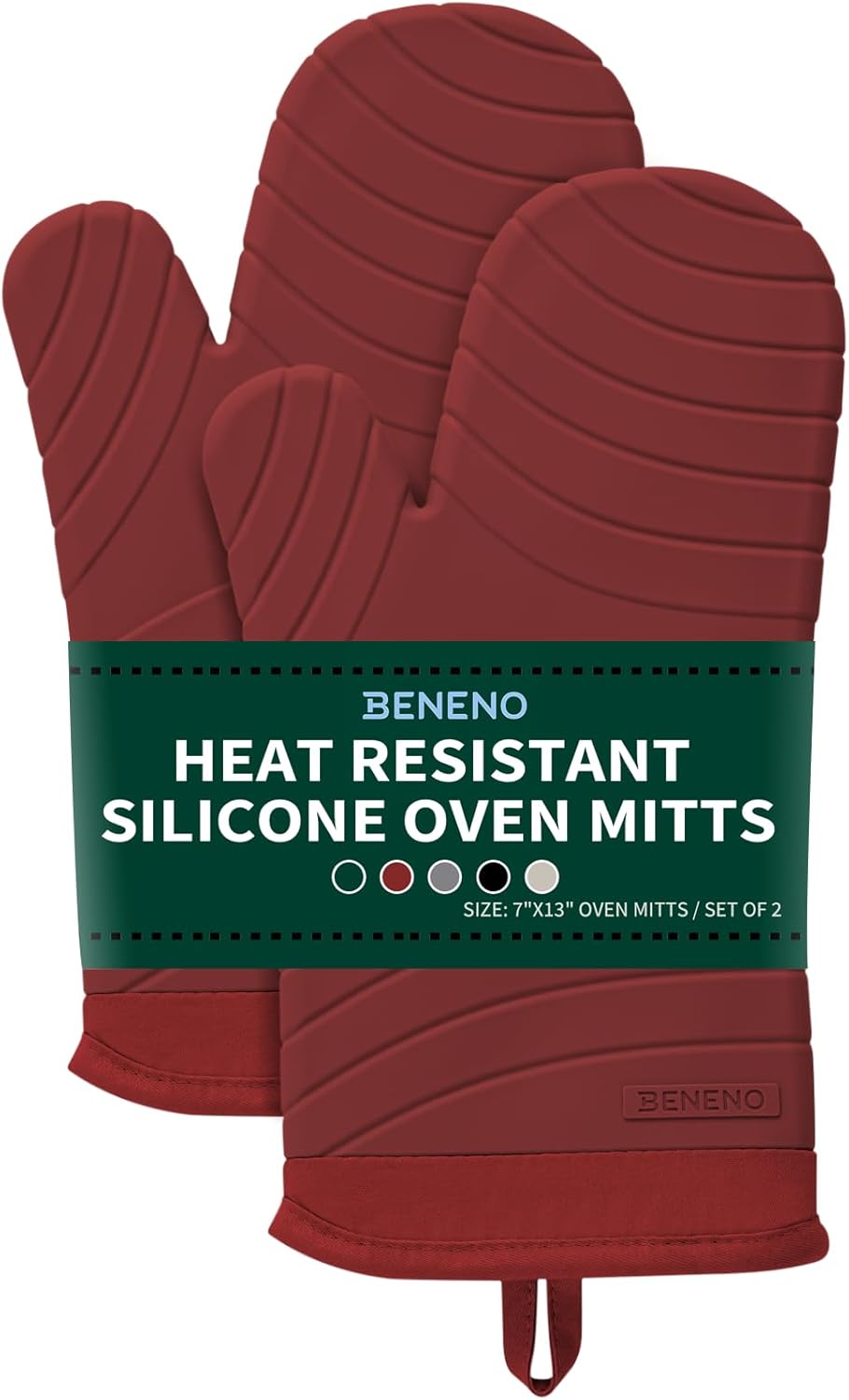 Beneno BPA-Free Silicone Oven Mitts, Heat Resistant Waterproof Oven Mitts with Non-Slip Textured Grip, Comfortable Quilted Lining, Kitchen Pot Holders for Cooking, Baking, Grilling, 7"x13", 2Pcs Red