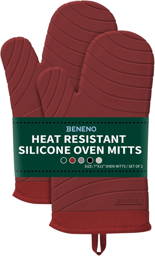 Beneno BPA-Free Silicone Oven Mitts, Heat Resistant Waterproof Oven Mitts with Non-Slip Textured Grip, Comfortable Quilted Lining, Kitchen Pot Holders for Cooking, Baking, Grilling, 7"x13", 2Pcs Red