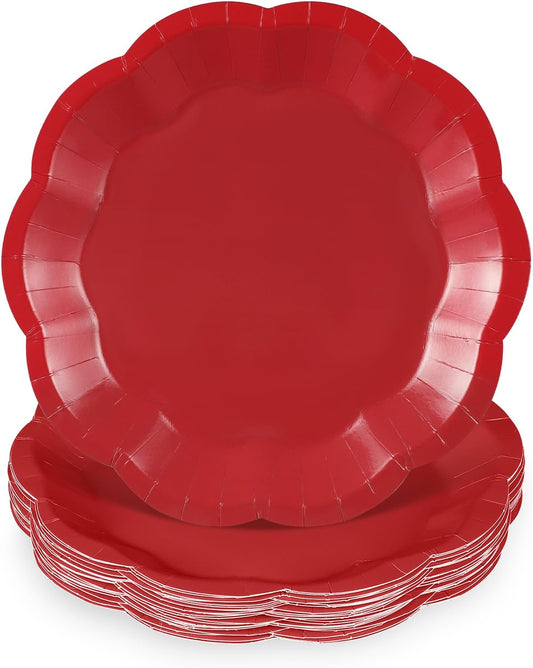 30pcs Christmas Paper Plates 7 Inch Red Scalloped Paper Plate Disposable Dessert Cake Plate for Christmas,Weeding, Birthday, Baby Shower