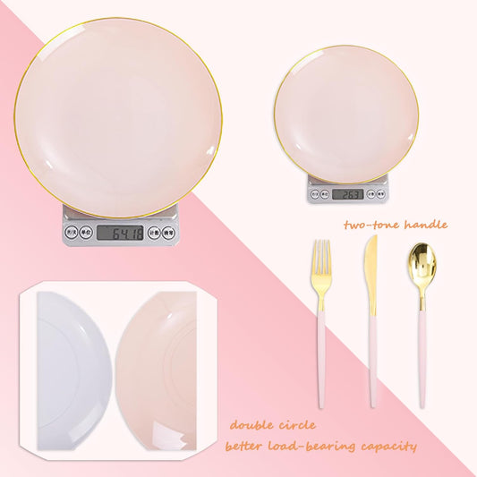 Liacere 150PCS Plastic Plates-Gold Plastic Silverware with Pink Handle - Pink Disposable Plates Include 30 Guests Plates, Forks, Spoons, Knives for Wedding ＆ Easter Day ＆Mother's Day