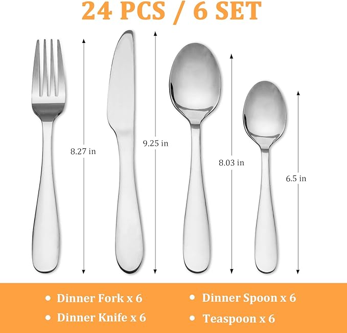 KOOMADE-Lucent- 24 Piece Set Silverware Stainless Steel Home Kitchen Flatware Include Forks Spoons Knives Great for Family Gatherings & Daily Use