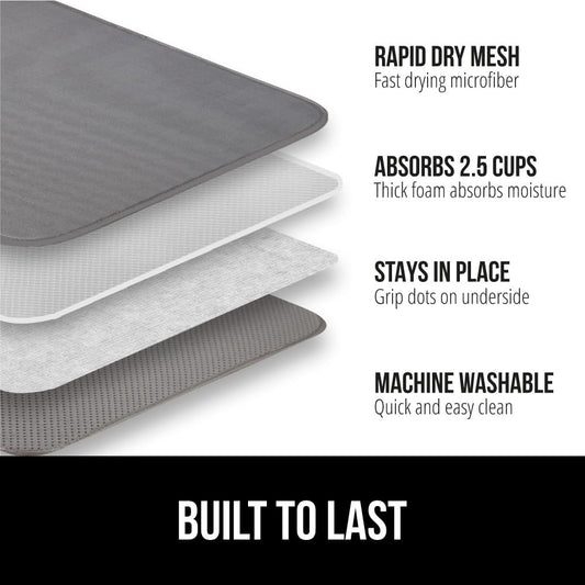 GORILLA GRIP Ultra Water Absorbent Microfiber Dish Drying Mat, 18x32, Quick Dry Thick Mesh, Slip Resistant Pad for Sink Dishes or Under Rack, Kitchen Counter Accessories, Machine Wash Mats, Gray