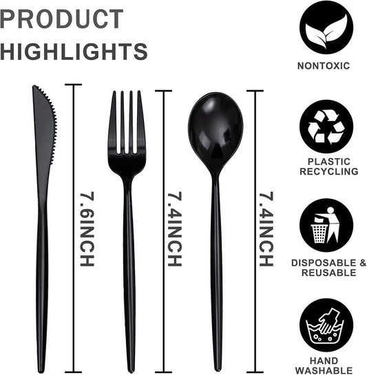 Rubtlamp 90Pcs Plastic Black Silverware, Black Disposable Cutlery, Plastic Utensils Heay Duty include 30 Plastic Knives 60 Plastic Black Forks and Spoons, Black Cutlery For Halloween Decorations