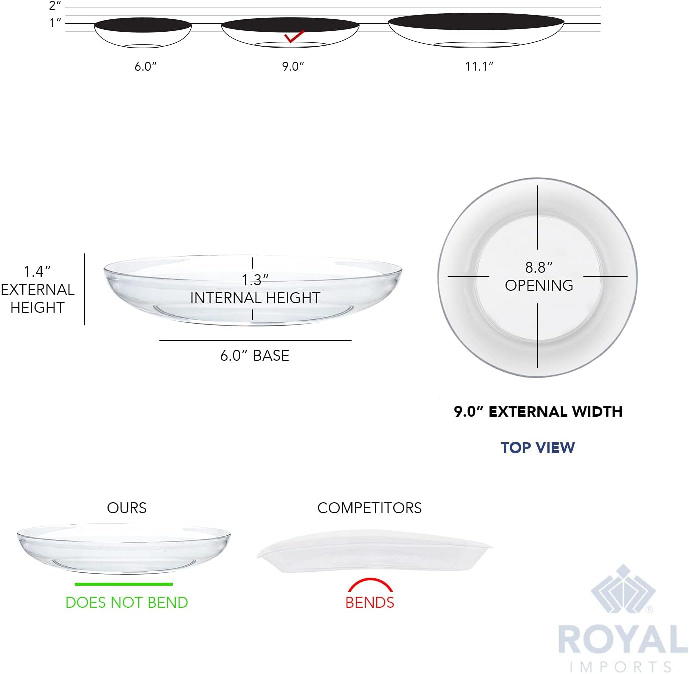 Royal Imports 9" Clear Plastic Saucer Plant Drip Tray, Low Pie Plate, Floral Flower Dish, Wedding, Party, Home and Holiday Decor, 6 Pack