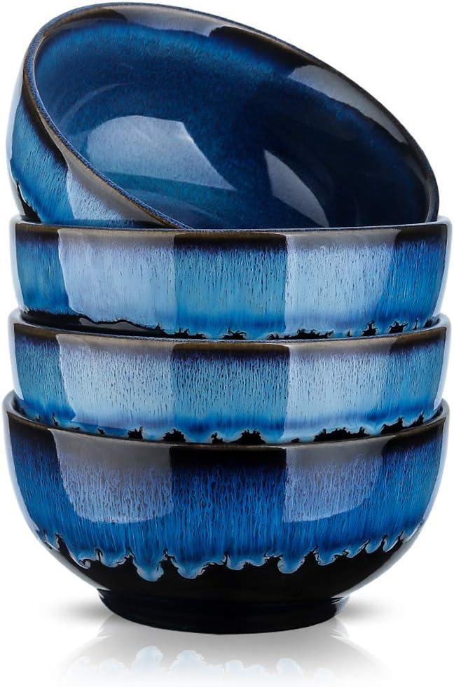 24 Ounce Soup Bowl Set, Porcelain Cereal Bowls Microwave And Dishwasher Safe, Ceramic Kitchen Bowls For Oatmeal Breakfast, Chip, Rice, Reactive Glaze Set of 4 (Nebule Blue)