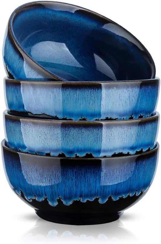 24 Ounce Soup Bowl Set, Porcelain Cereal Bowls Microwave And Dishwasher Safe, Ceramic Kitchen Bowls For Oatmeal Breakfast, Chip, Rice, Reactive Glaze Set of 4 (Nebule Blue)