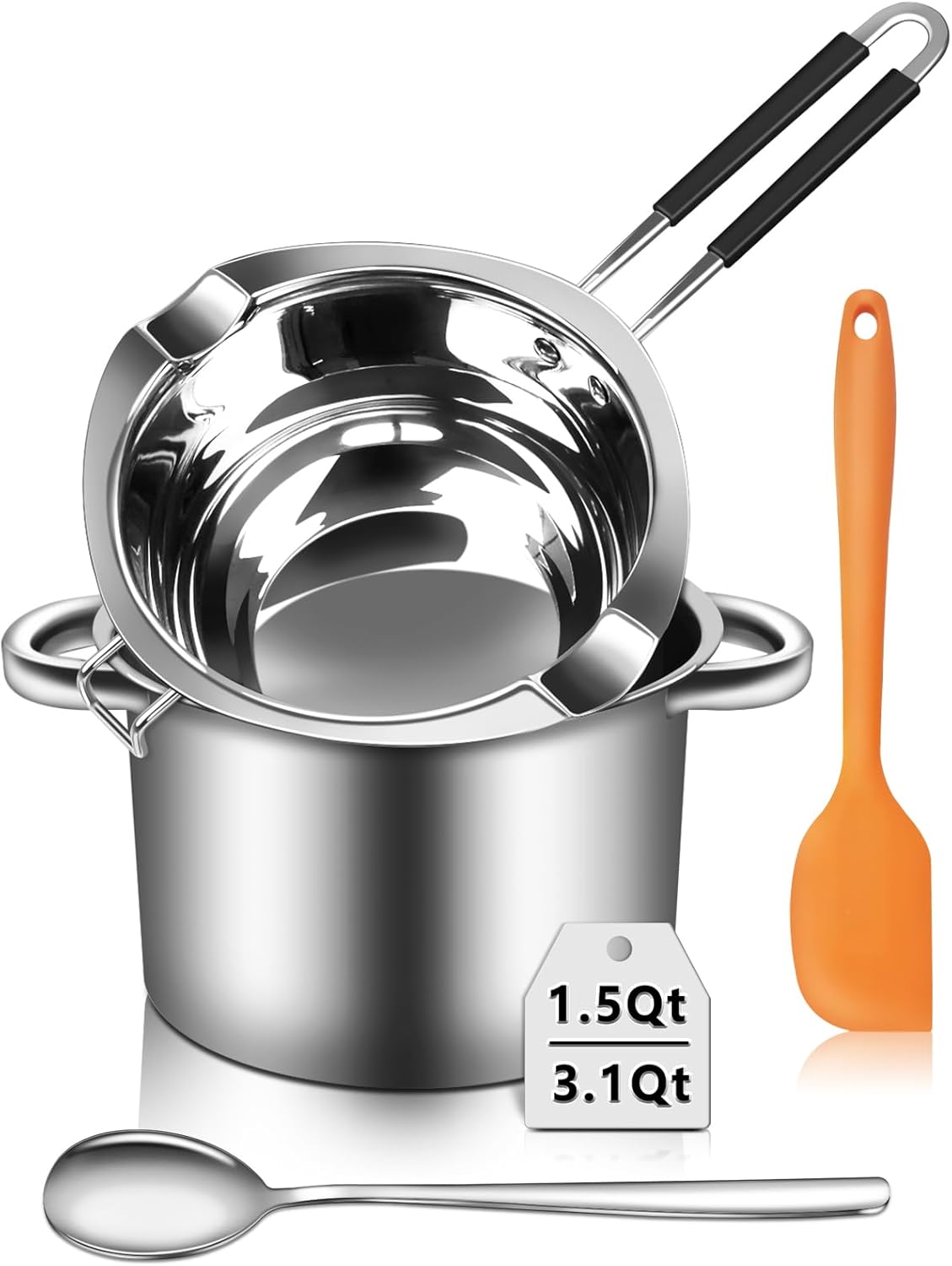 Artcome 304 Stainless Steel Melting Pot Set with Dual-Handles, Silicone Spatula & Spoon, 2600ml Pot & 1200ml Melting Bowl, Heat-Resistant Silicone Handles, Perfect for Melting Chocolate, Butter