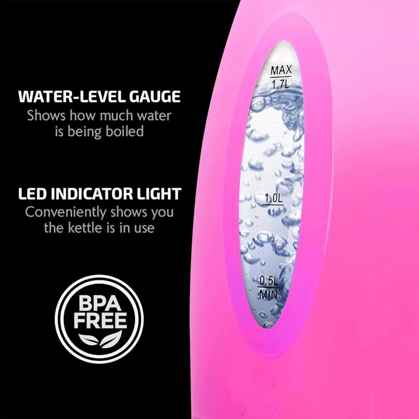 OVENTE Electric Kettle, 1.7L Fast Boiling Water Heater for Coffee or Tea, BPA Free with Water Level Gauge, Auto Shut-Off, Boil-Dry Protection, Indicator Light and Removable Filter, Pink KP72P