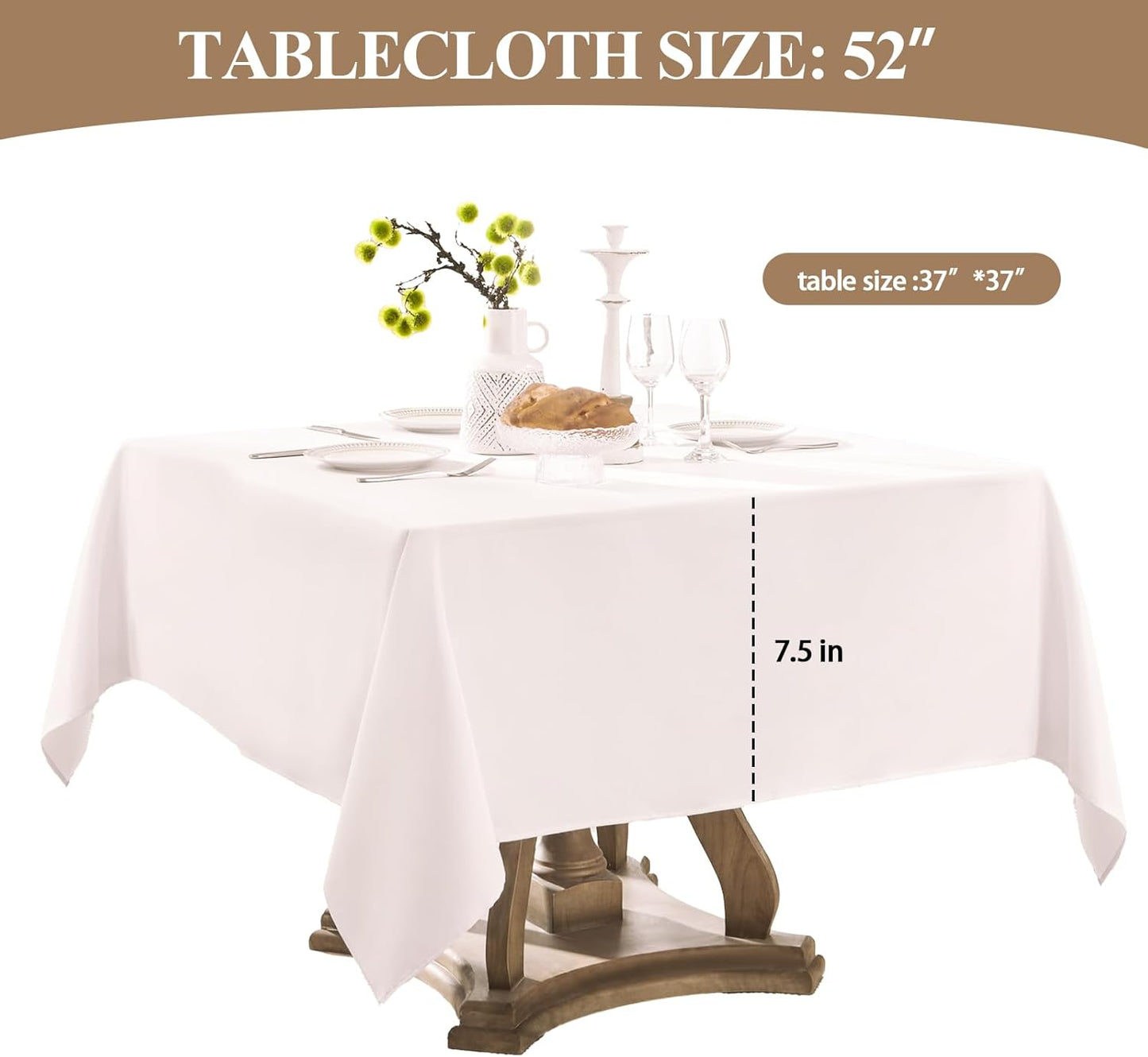 Square Tablecloth 52 x 52 Inch White 8 Pack Tablecloths Stain-Wrinkle Resistant Washable Polyester Table Cloths for Holiday, Buffet Parties, and Weddinge