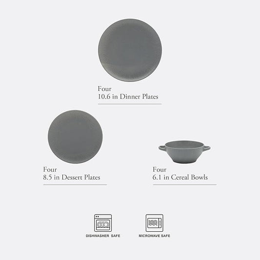 Gibson Elite Clover Hill 12-Piece Stoneware Dinnerware Set – Dark Blue Embossed Plates and Bowls with Matte Speckled Reactive Glaze, Service for 4 – Microwave & Dishwasher Safe