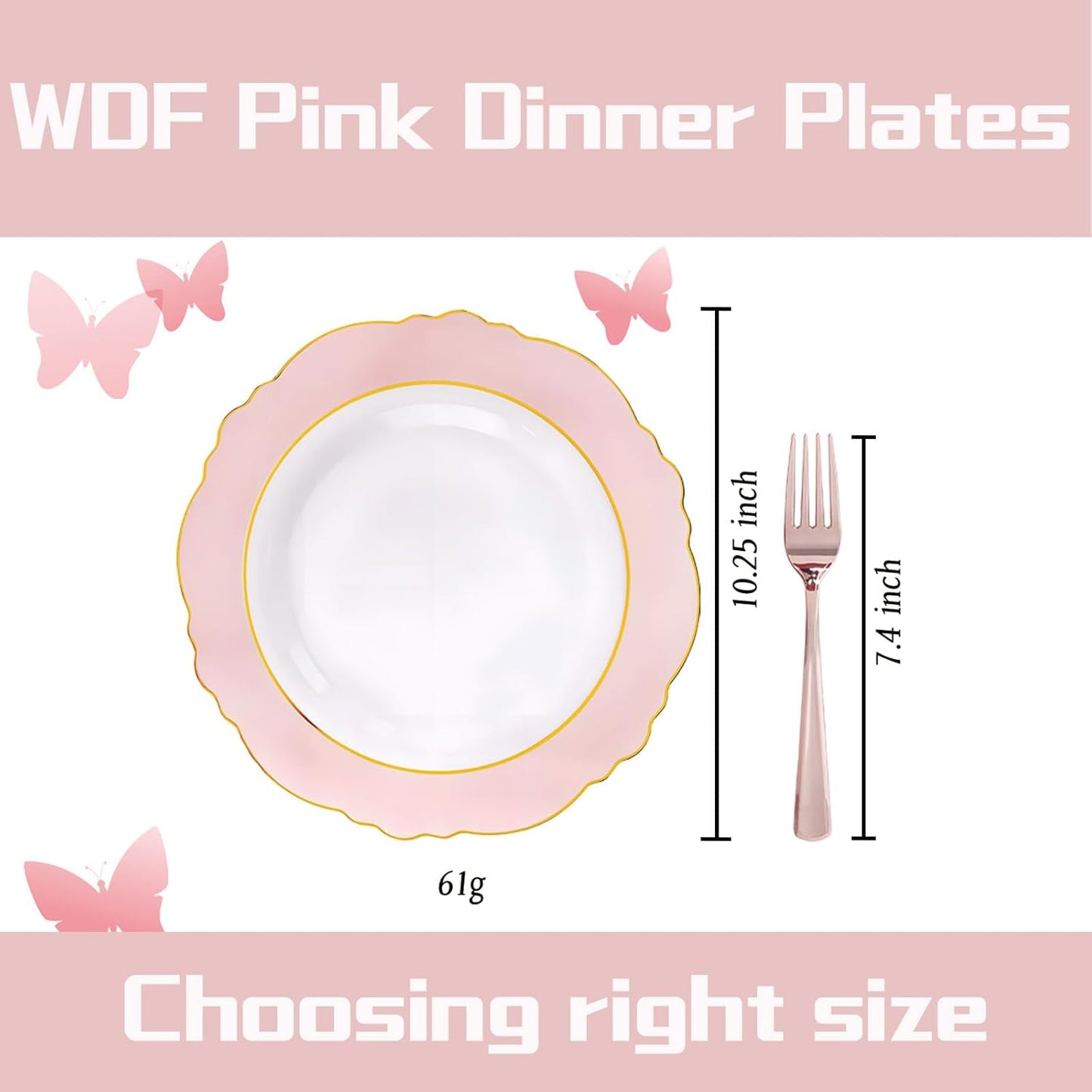 WDF 60pcs Pink Plastic Plates - 10.25inch Baroque Pink And Gold Disposable Dinner Plates for Upscale Parties -Special for Wedding, Party,Birthdays, Baby Shower,Halloween