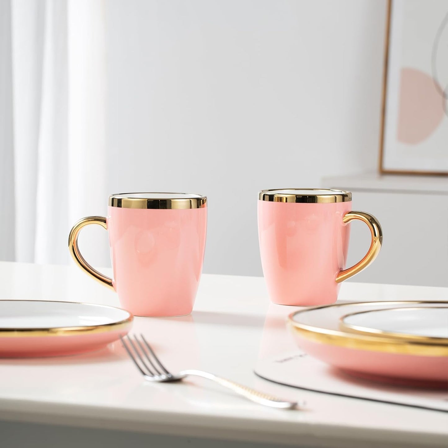 Pink Dinnerware Sets for 4 Ceramic, 16-Piece Luxury Plates and Bowls Sets with Gold Rim, Modern Dish Set for Wedding Christmas Anniversary, Crack Resistant | Dishwasher & Freezer Safe