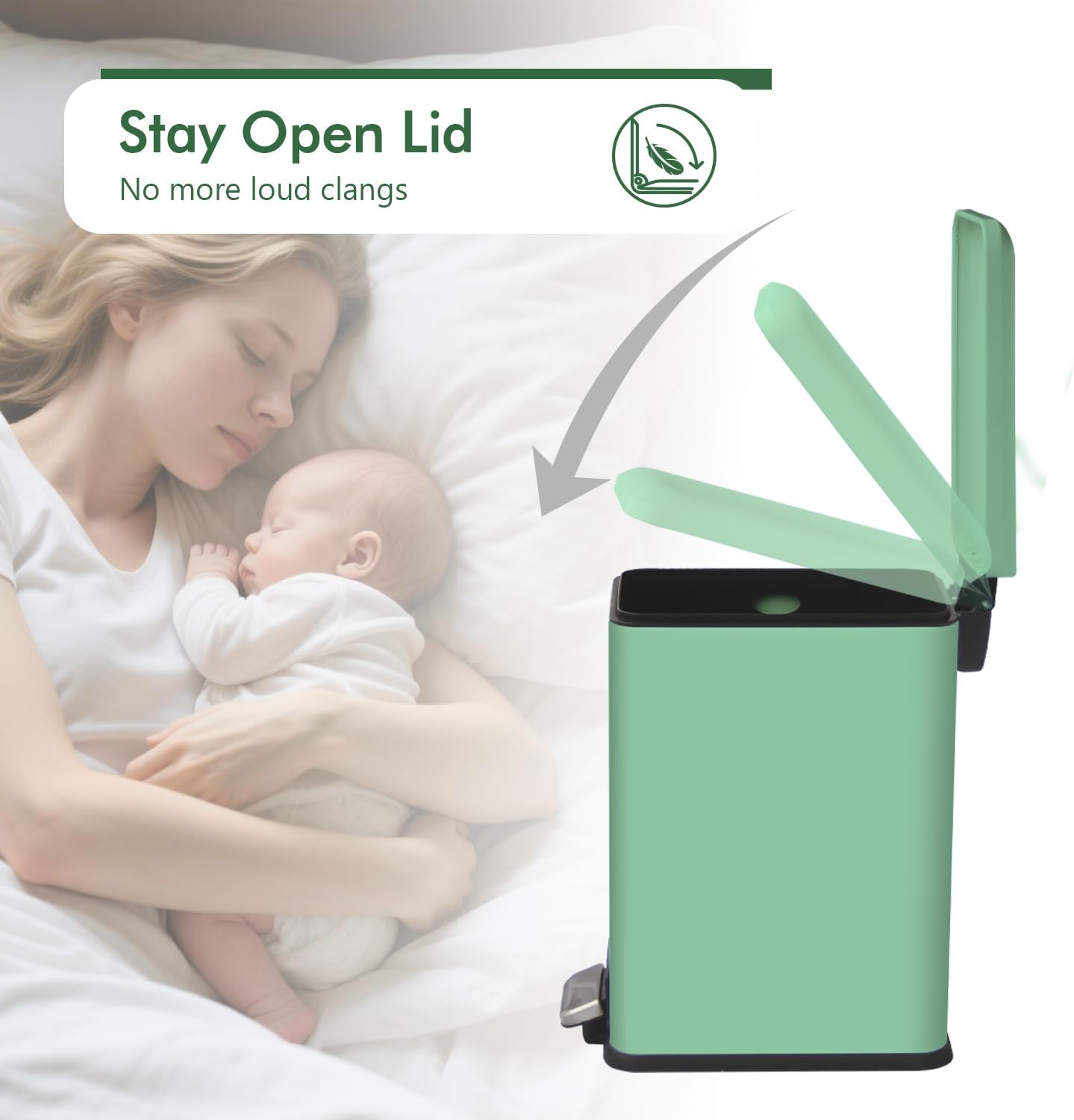 Green 16.7L/4.4 Gallon Bathroom Trash Can with Lid. Features a removable inner bucket, a soft - close lid, and a stainless - steel step pedal. Ideal for use in the bathroom, kitchen, and home office.