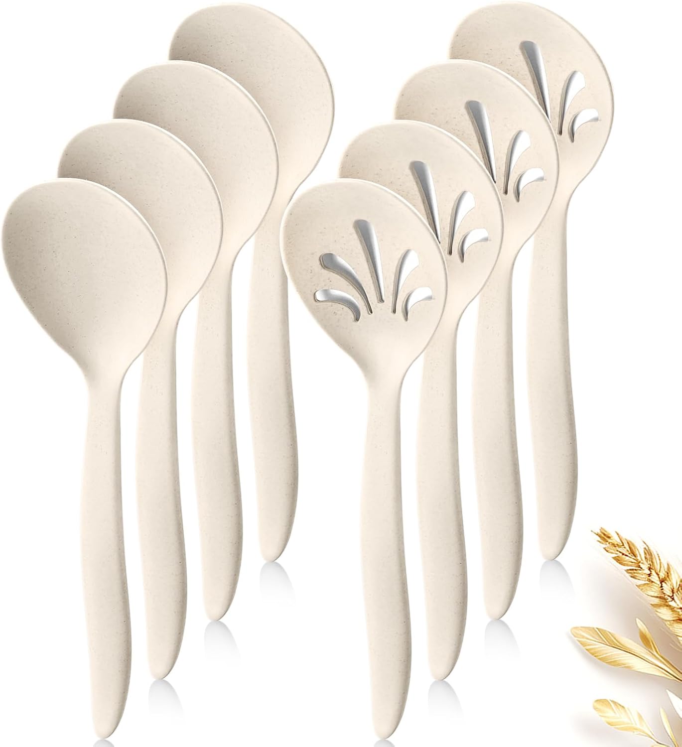 8 Pack 10" Large Reusable Plastic Wheat Straw Serving Spoon Set, 4 Serving Spoons & 4 Slotted Spoons, Kitchen Mixing Serving Spoon for Buffet Chafing Dish Catering (Khaki, Not for Cooking)