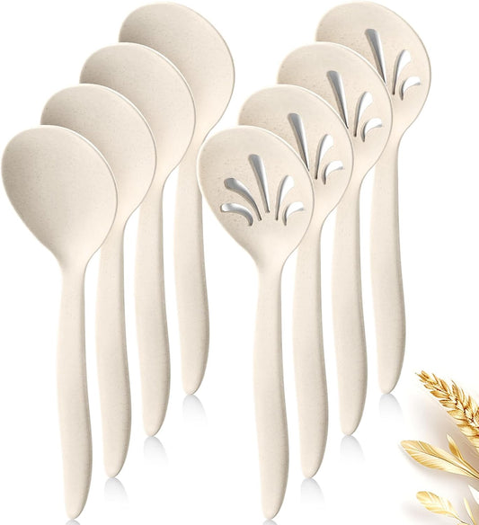 8 Pack 10" Large Reusable Plastic Wheat Straw Serving Spoon Set, 4 Serving Spoons & 4 Slotted Spoons, Kitchen Mixing Serving Spoon for Buffet Chafing Dish Catering (Khaki, Not for Cooking)
