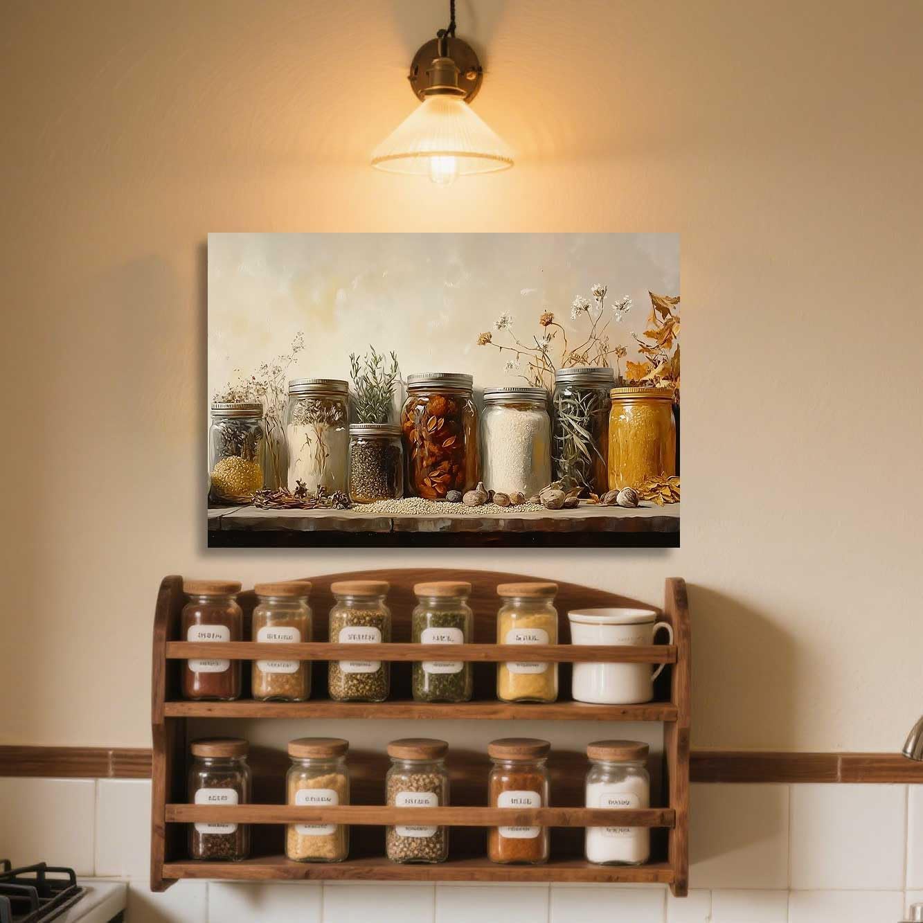 ZSHARTSWD Farm Kitchen Wall Art Country Mason Jar Spice Pictures Still Life Culinary Canvas Print Vintage Spices Food Painting Dining Room Home Decor Framed (Brown, 16.00" x 24.00")