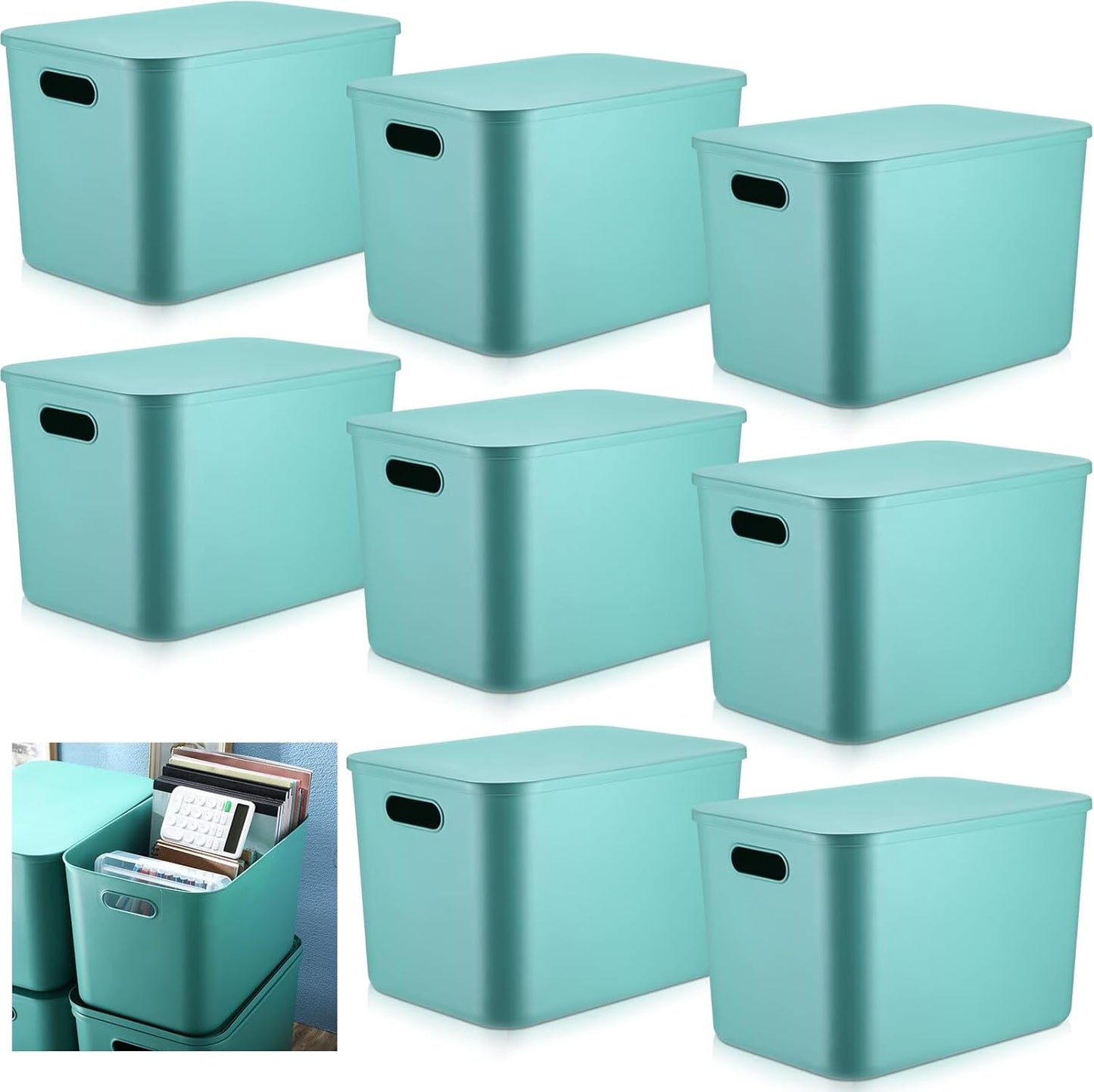 Hoolerry 8 Pieces Colorful Storage Bins with Lid, Plastic Storage Basket Organizing Container Stackable Box with Handle for Shelves Desktop Playroom Office(14.2 x 10.2 x 9.5 Inch,Green)