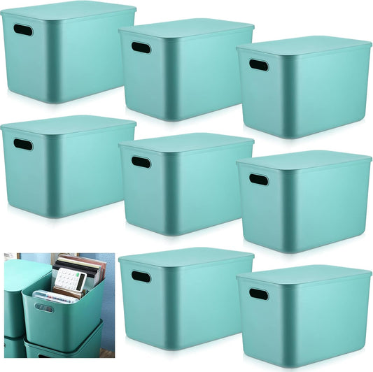 Hoolerry 8 Pieces Colorful Storage Bins with Lid, Plastic Storage Basket Organizing Container Stackable Box with Handle for Shelves Desktop Playroom Office(14.2 x 10.2 x 9.5 Inch,Green)