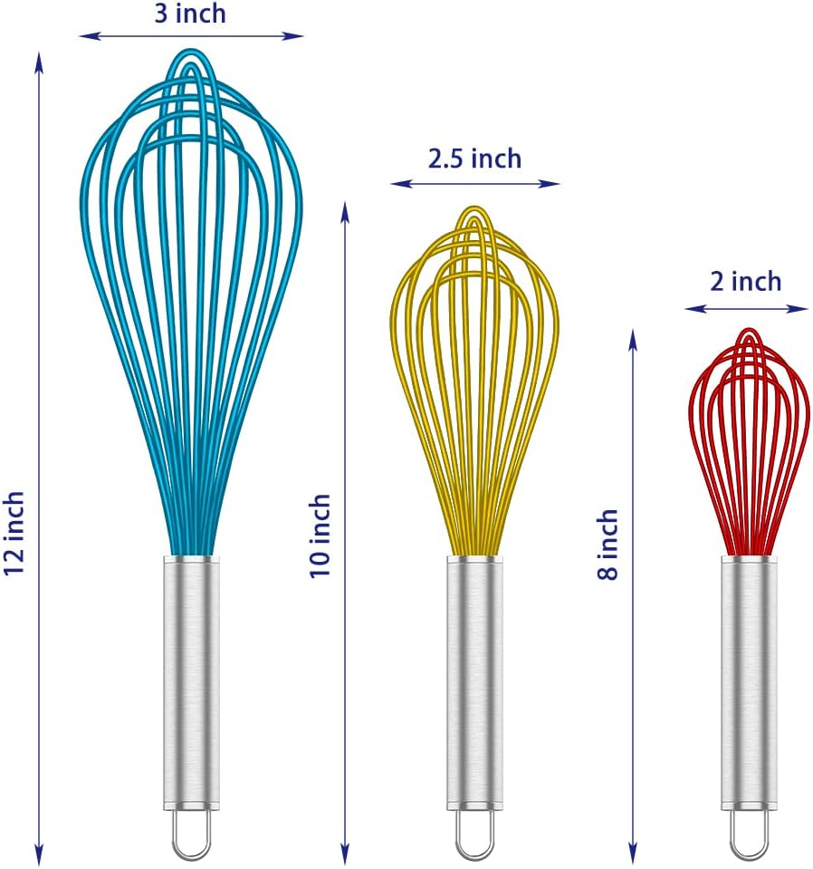 Whisk,Sturdy Stainless Steel Wires Coated in Professional Silicone,3 Pack Whisks for Cooking,Mini Whisk,Colored Balloon Egg Beater for Blending,Whisking,Beating,Stirring,Cooking,Baking (Multi)