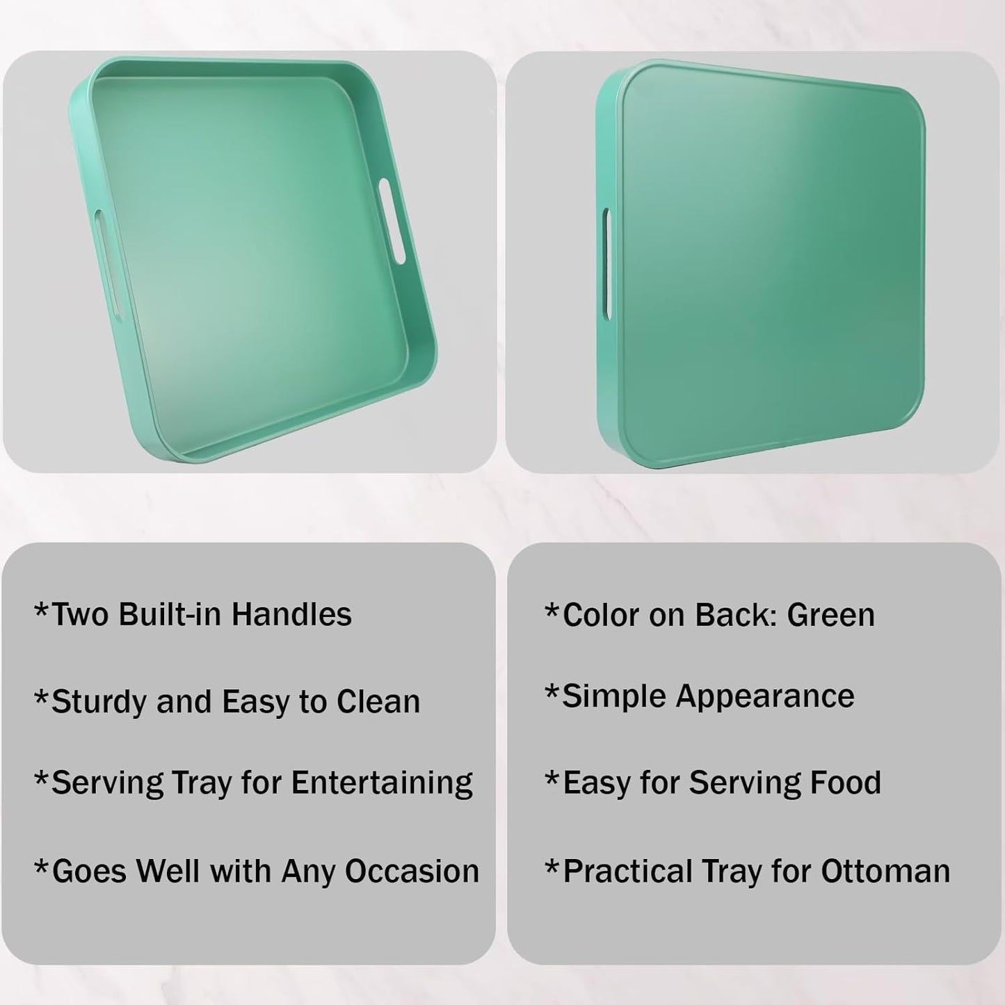 Square Green Decorative Serving Tray with Handles, Versatile Ottoman Tray for Coffee Table, Entertaining, Outdoor Patio, Living Room, 13”*13”*1.6”