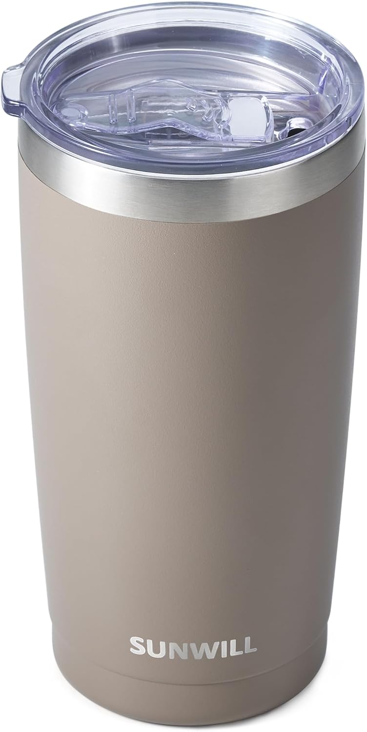 SUNWILL Travel Coffee Tumbler 20 oz, Insulated Mug with Lid, Stainless Steel Cup for Outdoor, Powder Coated Taupe