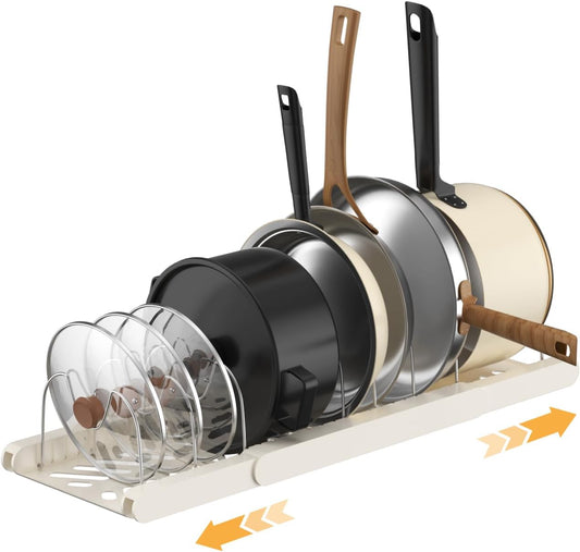 Pots and Pans Organizer Under Cabinet,Expandable Pot Lid Holder with 10 Adjustable Dividers,Pot Rack,Kitchen Pantry Countertop Storage for Bakeware, Cutting Boards, Frying, Lid, Cookware,Dishes