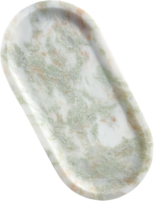 Natural Marble Tray, Stone Vanity Tray for Bathroom & Kitchen Countertop - Organizer for Perfume, Jewelry, Cosmetics 12x6 Inch,Pinkish Green