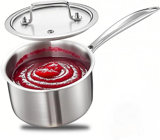 2.5 Quart Triple Stainless Steel Saucepan with Lid, Ramen Pot with Clear Glass Cover, Small Sauce Pan for Cooking Oatmeal, Induction-Ready, Dishwasher-Safe, Suitable for All Stoves