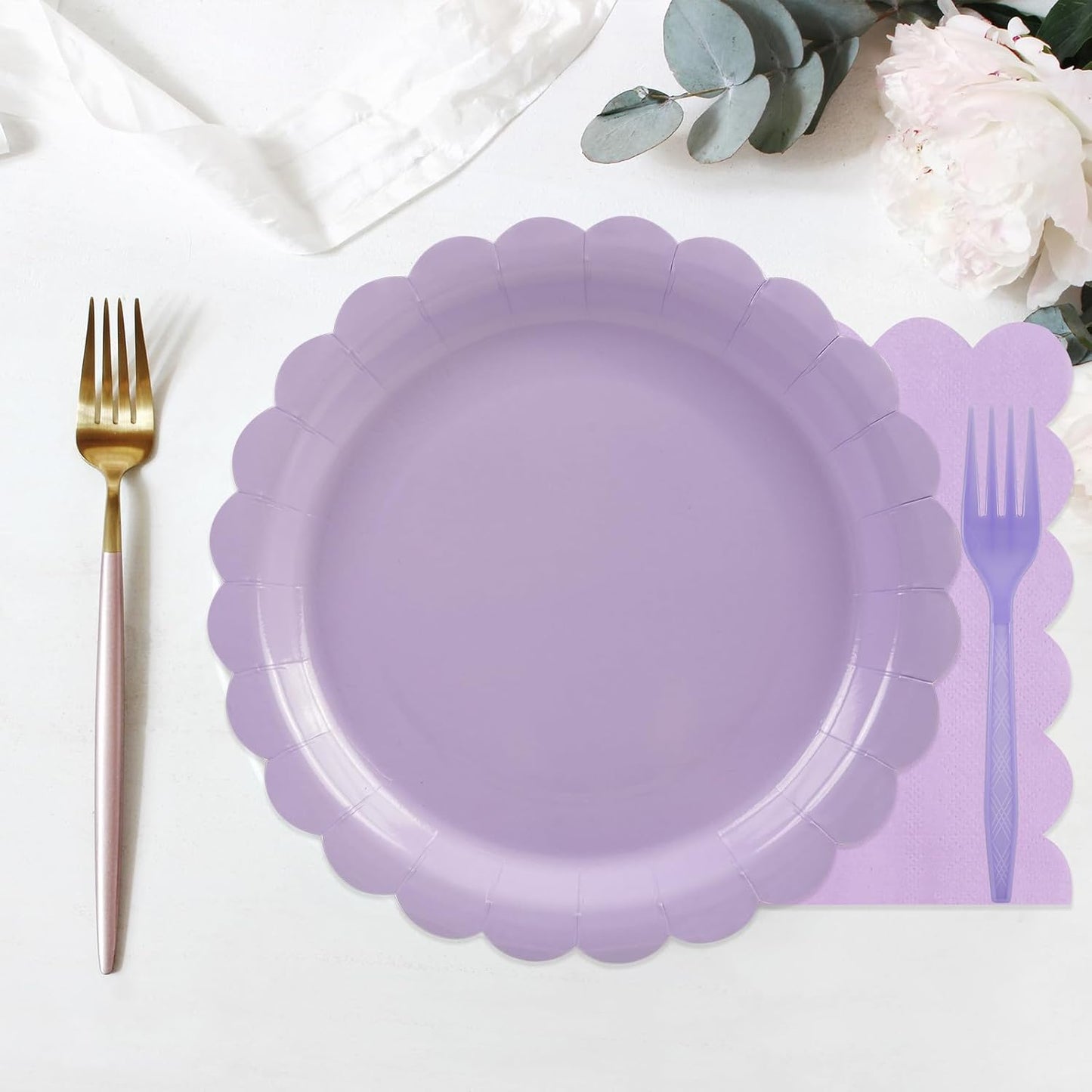 75Pcs Purple Paper Plates-7IN Solid Color Scalloped Disposable Birthday Dinnerware Dinner Party Plates Nakpins Forks for Graduation Baby Shower Bridal Wedding Birthday Party Table Decor-25 Guests