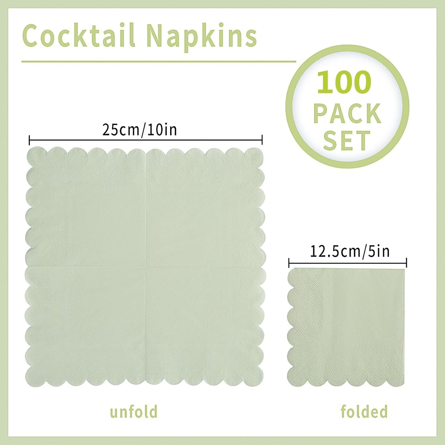 100 Pack Cocktail Napkin 2-Ply Scalloped Edged Dessert Napkins Folded 5 x 5 Inches Disposable Napkins for Dinner Wedding Birthday Party Bridal Anniversary Reception Event (Sage Green)