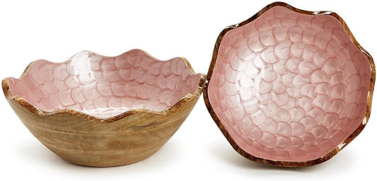 Two's Company Shimmering Rose Hand Crafted Scalloped Edge Wood Bowl, Set of 2, Mango Wood, 54902