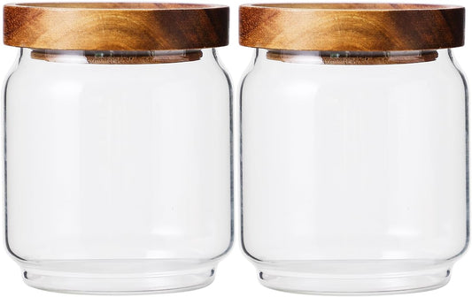 Small Glass Jars with Wood Lids Set of 2, 15 OZ Storage Container with Airtight Lid for Coffee Bean, Sugar, Nuts