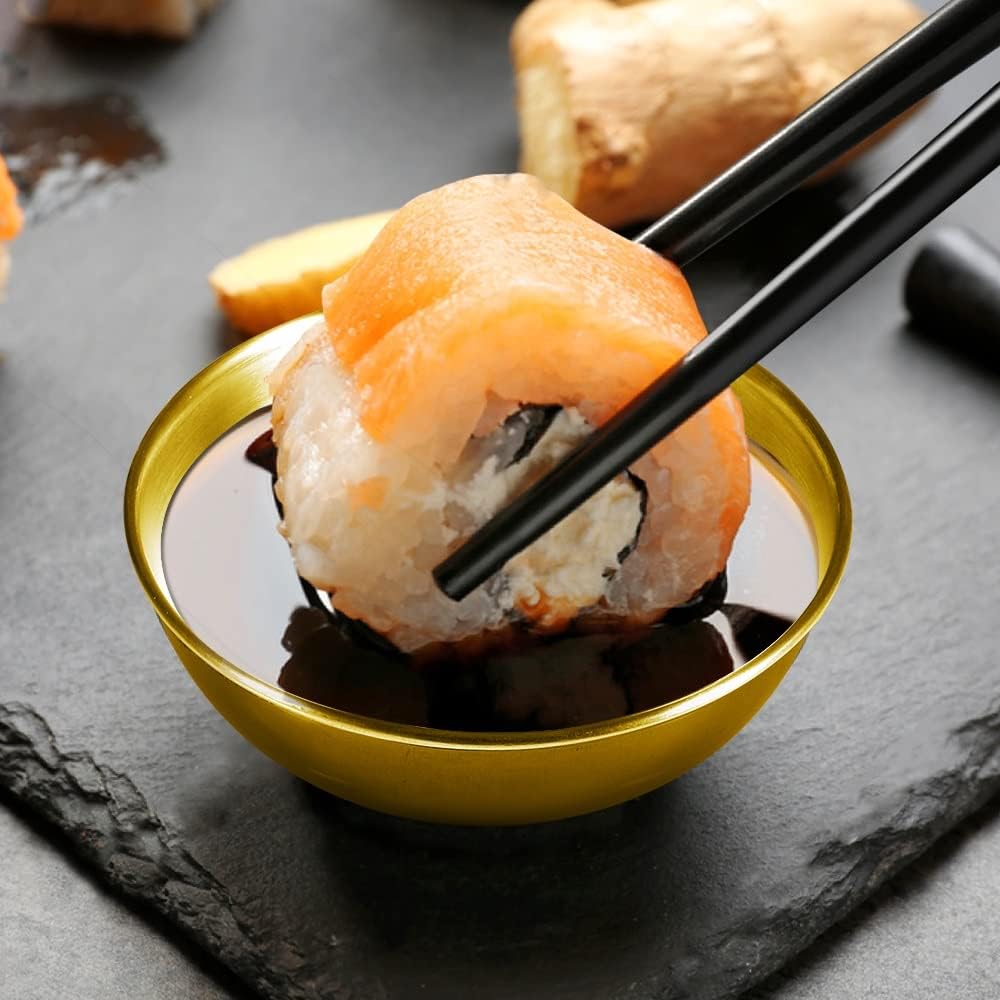 12 Pack 3.5inch Stainless Steel Sauce Dishes Mini Individual Saucers Bowl Round Seasoning Dishes Sushi Dipping Bowl Appetizer Plates, Golden