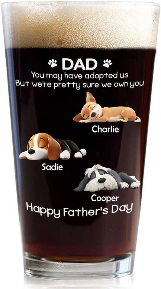 Wrappiness Best Mom Dad Logo Personalized Custom Beer Glass - 16oz Glassware for Beer Soda Cocktails - Gift for Dog Lovers, Father's Day, Birthday Gift for Parents (B05, 3 Dogs)
