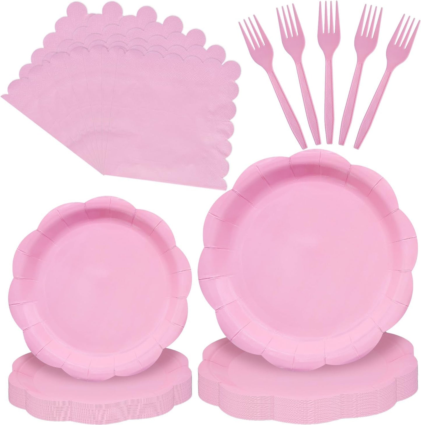 96 Pieces Pink Scalloped Tableware Set Party Supplies – Solid Color Disposable Dinnerware with Paper Plates, Napkins, and Forks for Girls Birthday, Baby Showers, Tea Parties – Serves 24
