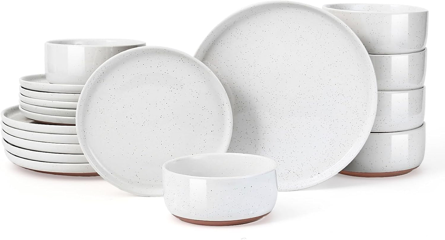 GZG Modern Art Series - 18 Pcs Speckled Stoneware Plates and Bowls Sets, Ceramic Dinnerware Set with Rustic Terracotta Underside, Microwave and Dishwasher Safe Handcrafted Dishes Set - Porcelain White