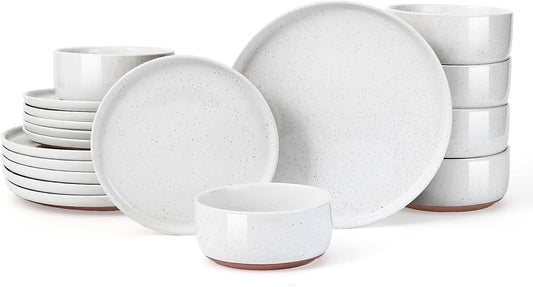 GZG Modern Art Series - 18 Pcs Speckled Stoneware Plates and Bowls Sets, Ceramic Dinnerware Set with Rustic Terracotta Underside, Microwave and Dishwasher Safe Handcrafted Dishes Set - Porcelain White