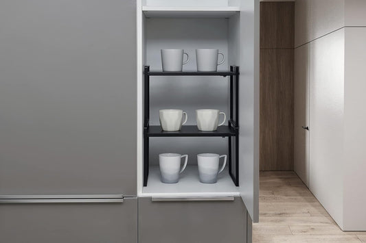 Nxconsu Expandable Cabinet Shelf Organizer Riser for Kitchen Pantry Cupboard Under Sink Countertop Home Storage Organization Rack Space Saver Freestanding Heavy Duty Nonslip Stackable Black Large