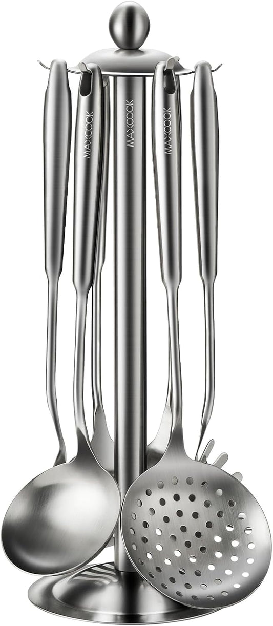 Cooking Utensils set, 18/8 Stainless Steel Kitchen Utensils set, 7 Pieces Cookware Set with Rotating Holder, Heat Resistant Stainless Steel Cooking Spoon(Dishwasher Safe)