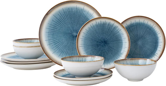 Blue Stoneware Dinnerware Set, 12 Pieces, Blue Stripe Marble, Dishwasher & Microwave Safe