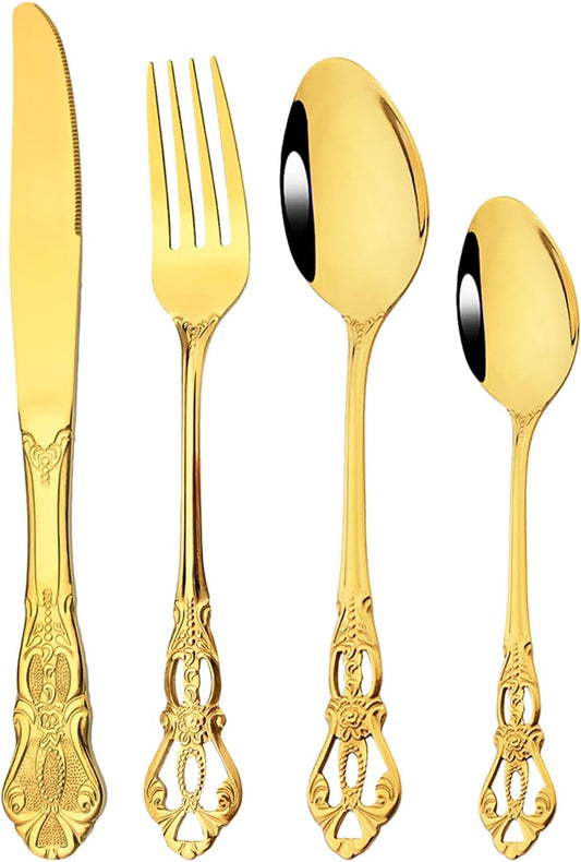 Royal 24-piece Gold Mirror Silverware Dinnerware, 18/10 Stainless Steel Luxury Flatware Service For 6 Tableware Ideal For Wedding Home Restaurant, Dishwasher Safe