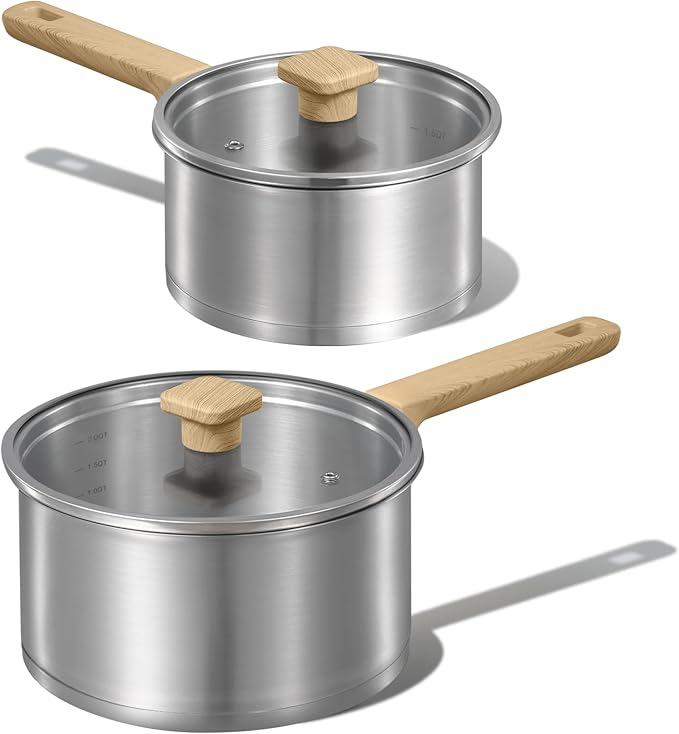 CAROTE 1.5Qt & 2.5Qt Stainless Steel Sauce Pan Set with Lid, 3-ply Base, Non-Toxic PTFE & PFOA Free Saucepan, Induction Cookware Set, Small Kitchen Pots, Stay-Cool Handles