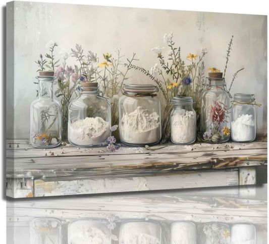 ZSHARTSWD Farm Kitchen Wall Art Country Mason Jar Spice Pictures Still Life Culinary Canvas Print Vintage Spices Food Painting Dining Room Home Decor Framed (White, 24.00" x 36.00")