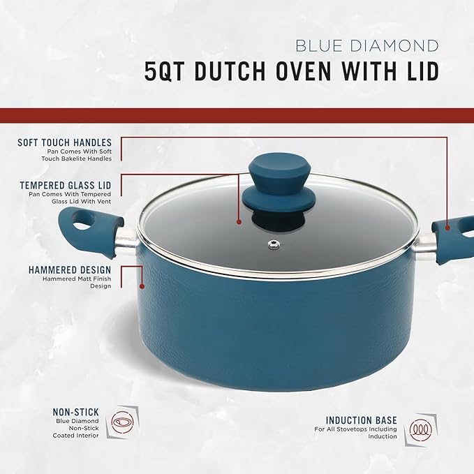 5 QT Dutch Oven with Lid, Nonstick Cookware, Soft Touch Handles, Induction Base, Ideal for Stews, Soups, and Roasts