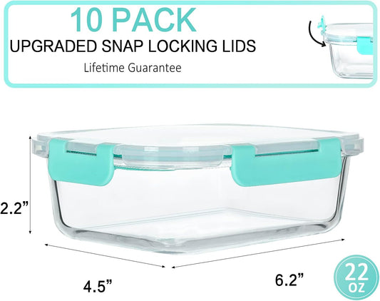 M MCIRCO [10-Pack,22 Oz Glass Meal Prep Containers,Glass Food Storage Containers with lids,Glass Lunch Containers,Microwave, Oven, Freezer and Dishwasher, Green