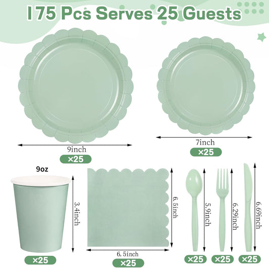 175 Pcs Sage Green Paper Plates and Napkins, Sage Green Party Supplies Include Green Scalloped Plate Paper Napkin Cup Plastic Cutlery for Baby Shower, Wedding, Birthday